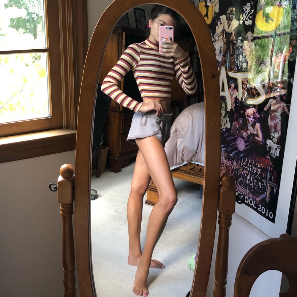 Striped Mock-Neck Long Sleeve Cropped Shirt
